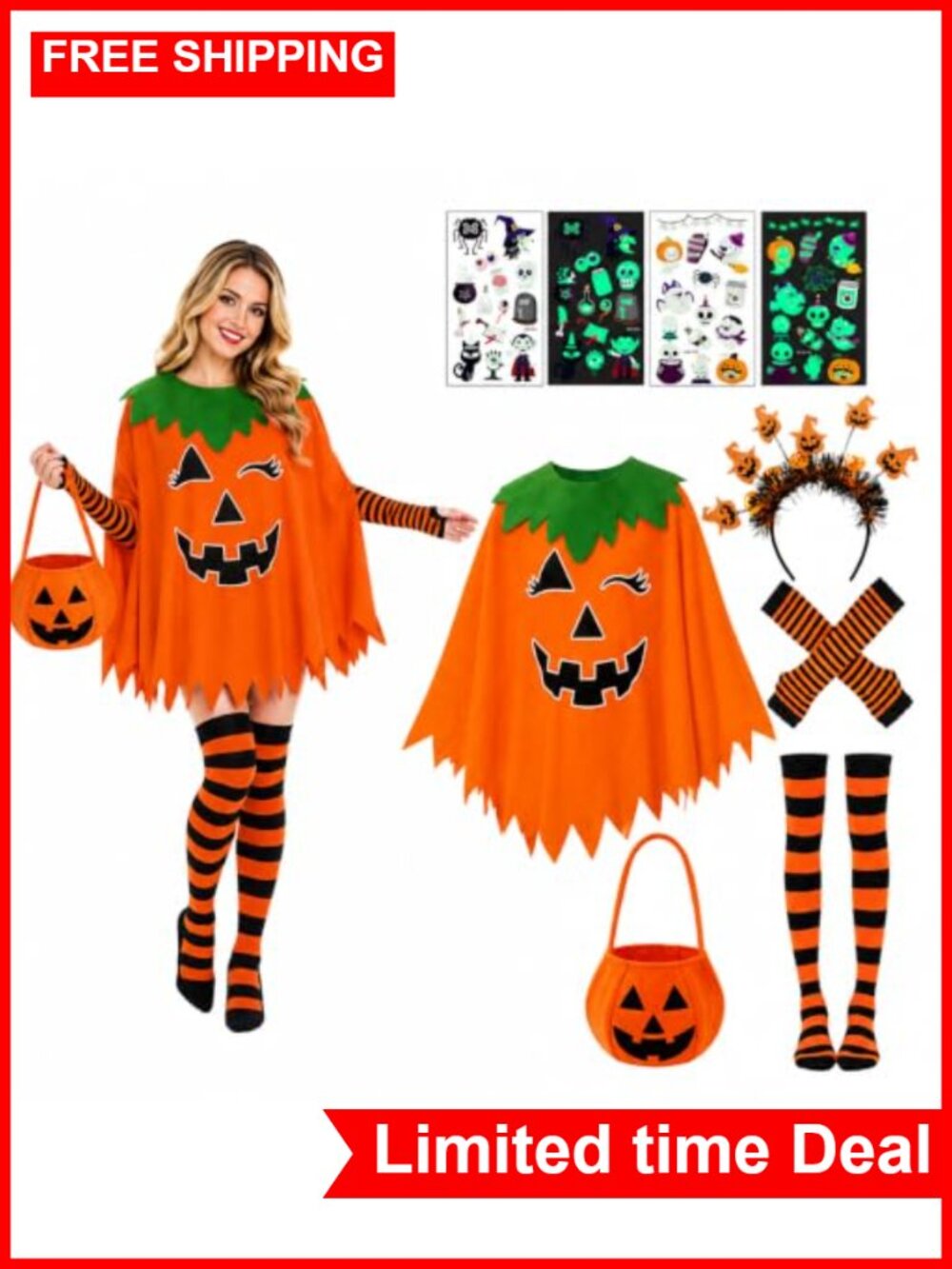 Women's Pumpkin Costume Set Glow-in-the-Dark 7 Pcs